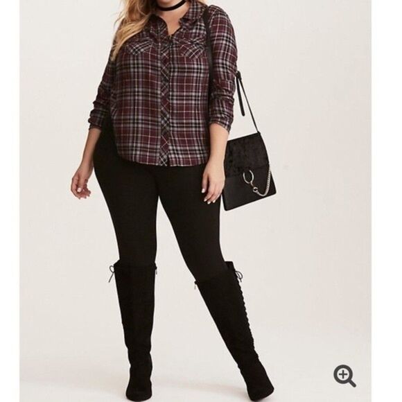 TORRID PLAID LACE INSET CAMP SHIRT  Black grey red - Picture 1 of 9
